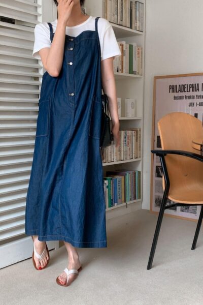크로스 여름 워싱 데님 멜빵 청 롱 원피스 빅사이즈 1color