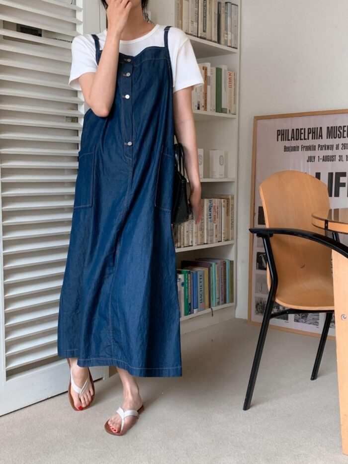크로스 여름 워싱 데님 멜빵 청 롱 원피스 빅사이즈 1color