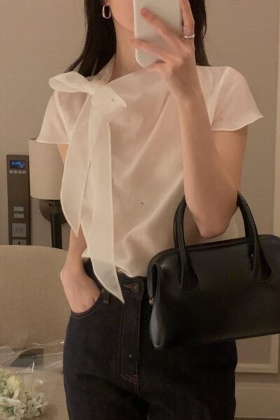 오스로 25ss 샤샤BL(타이,리본,반팔셔츠,하객룩,시스루,캡소매,여름신상)