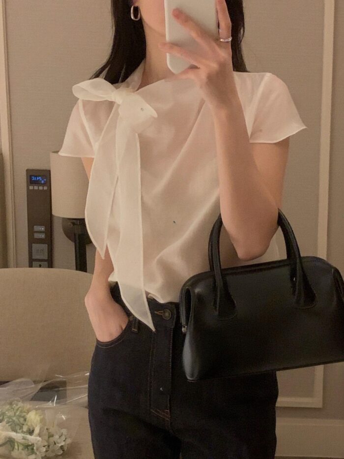 오스로 25ss 샤샤BL(타이,리본,반팔셔츠,하객룩,시스루,캡소매,여름신상)